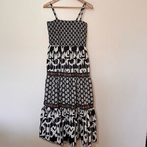For The Republic Smocked Cotton Boho Maxi Dress M Black White